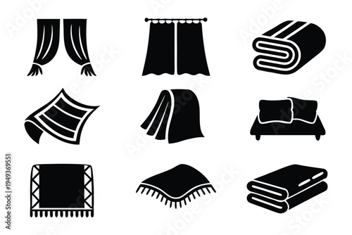 Black and white set of various household textiles and fabrics including curtains blankets towels and cushions