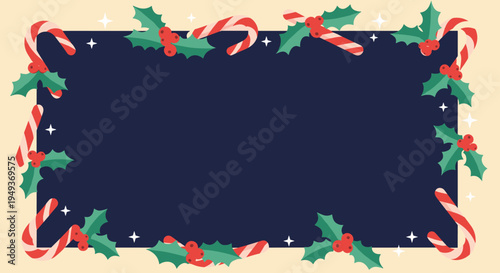Festive Christmas frame features traditional candy canes and holly leaves with red berries on a dark navy blue background for holiday greetings.