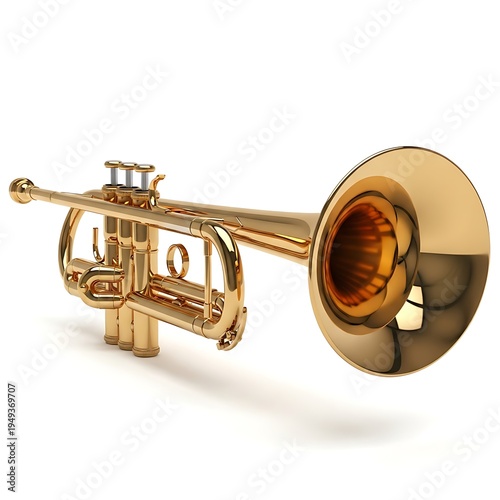 A shiny trumpet on a white background