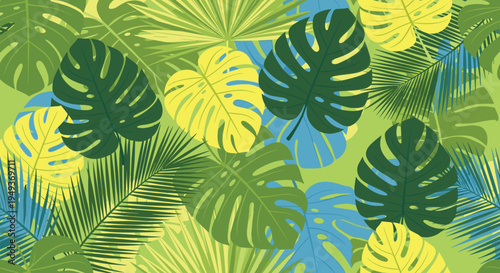 Vibrant tropical palm and monstera leaves in shades of green, yellow, and blue overlap in a dense jungle foliage seamless pattern.