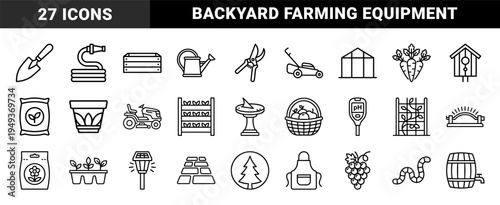 Garden maintenance and organic farming equipment for landscaping. Technical monoline pictograms featuring backyard cultivation and horticulture tools.