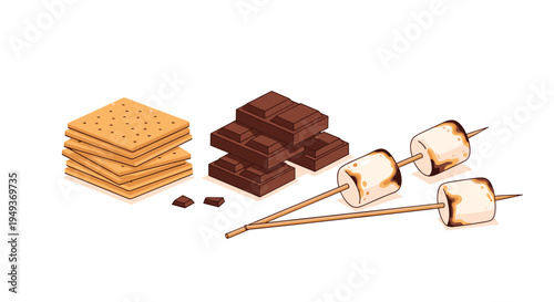 Classic smores ingredients including a stack of graham crackers, chocolate bars, and roasted marshmallows on sticks are shown on white.