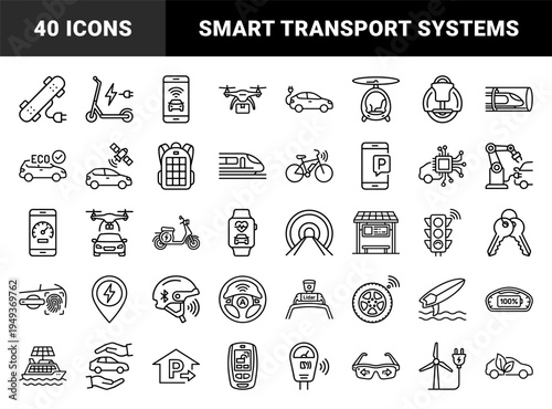 Future mobility and smart city transportation elements for urban planning. Technical monoline pictograms featuring electric vehicles and autonomous transit tech.