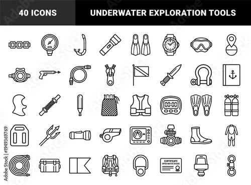 Scuba diving equipment and underwater exploration gear. Technical monoline pictograms for maritime sports, aquatic safety, and deep sea tourism.