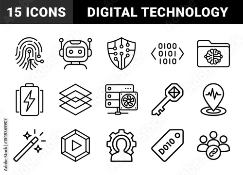 Artificial intelligence and digital security infrastructure elements. Technical monoline pictograms for machine learning, data protection, and cloud computing systems.