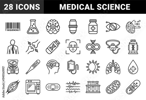 Biotechnology and medical research laboratory elements for scientific infographics. Technical monoline pictograms featuring genetics and healthcare diagnostics.