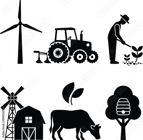 Set of black silhouette icons for organic farming and renewable power systems featuring wind turbines tractors cattle beekeeping and barn buildings.