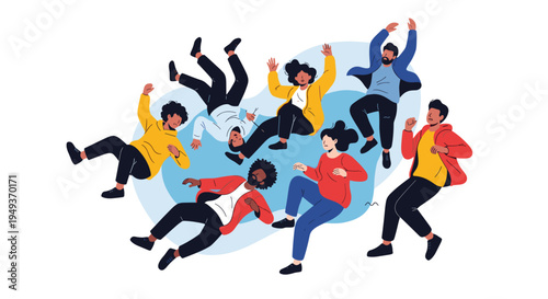 Diverse group of people in colorful clothing appear to be floating or falling in a weightless state against a soft blue abstract shape.