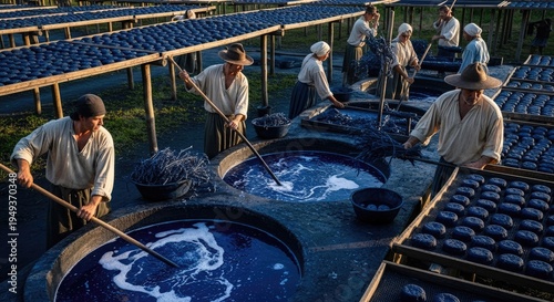 Wallpaper Mural Laborers in historical attire work outdoors, stirring indigo dye in large vats and arranging bundles on drying racks under a sunny sky. A scene of textile production Torontodigital.ca
