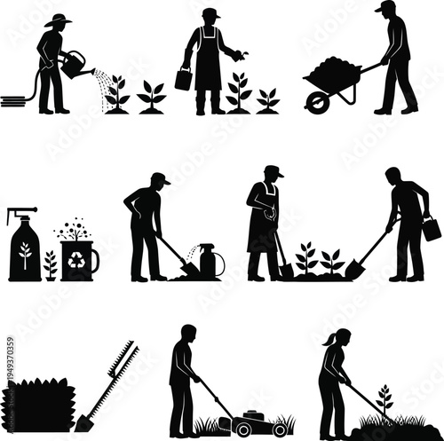 Silhouette illustrations of gardening activities and tools