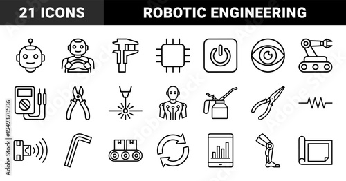 Robotics and industrial automation engineering elements for technical documentation. Monoline black stroke pictograms featuring mechanical parts and AI hardware.