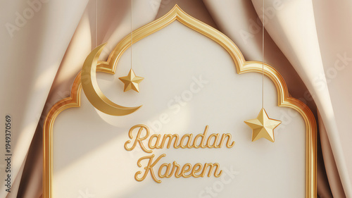 Ramadan kareem greeting with golden arch and crescent moon