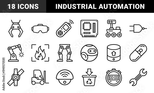 Industrial automation and robotics engineering elements in technical monoline style featuring robotic arms, circuit boards, and smart sensors.
