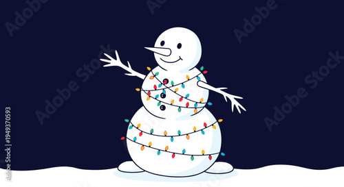 Large snowman wrapped in a string of colorful Christmas lights stands on a snow covered ground against a dark night sky.