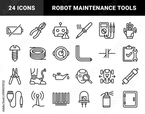 Robotics maintenance and electronic engineering technical monoline pictograms for industrial repair manuals and hardware troubleshooting interfaces.