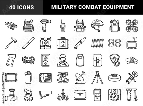 Tactical military gear and survival equipment for defense training infographics. Technical monoline illustrations featuring combat tools and field hardware.