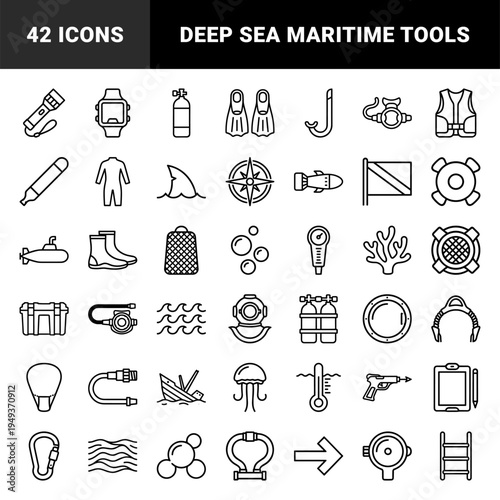 Scuba diving and underwater exploration equipment for maritime safety manuals. Technical monoline pictograms featuring nautical gear and marine life.