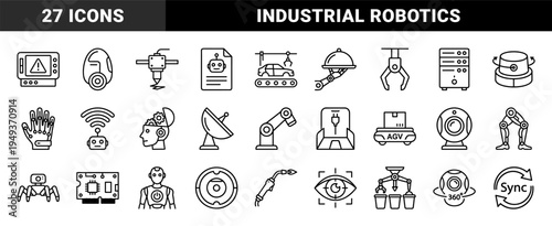 Robotics and industrial automation elements for smart factory systems. Technical monoline pictograms featuring artificial intelligence and mechanical engineering.