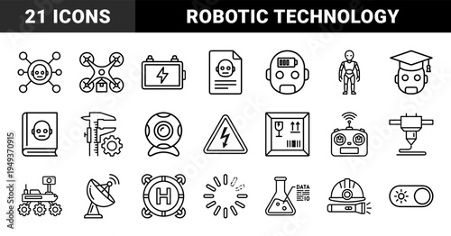 Robotics and automated engineering technical monoline elements for industrial manufacturing. Precise geometric diagrams for smart factory and drone logistics.