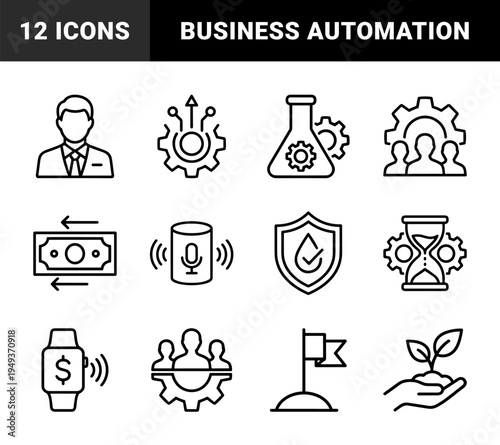 Business automation and digital transformation elements featuring technical monoline pictograms for corporate workflow and financial growth.