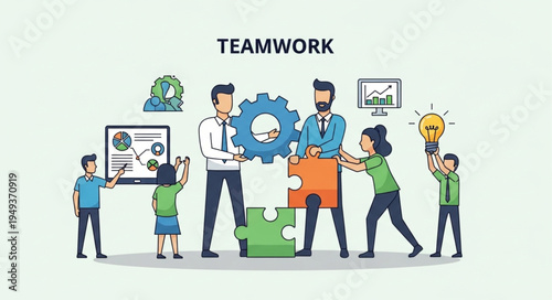 Diverse team working together on a collaborative project with gears and puzzles.