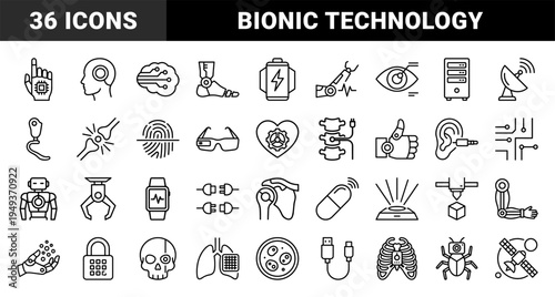 Biotechnology and cybernetic enhancement symbols in technical monoline style featuring prosthetic limbs, neural implants, and bionic organs.