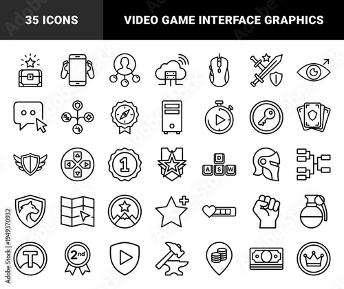 Gaming and esports competitive elements for interface design. Technical monoline pictograms featuring video game hardware, trophy rewards, and combat strategy symbols.