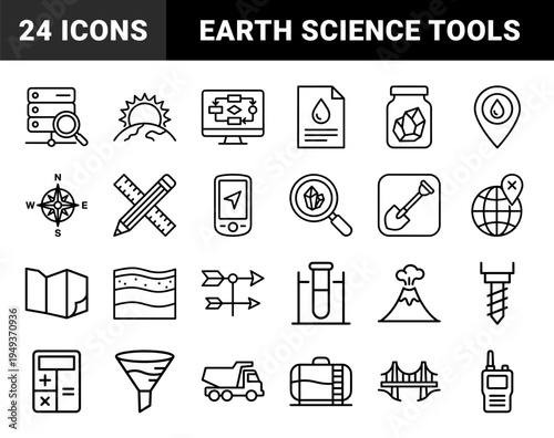Geological exploration and mining industry technical monoline elements. Professional geometric pictograms for earth sciences and resource extraction.