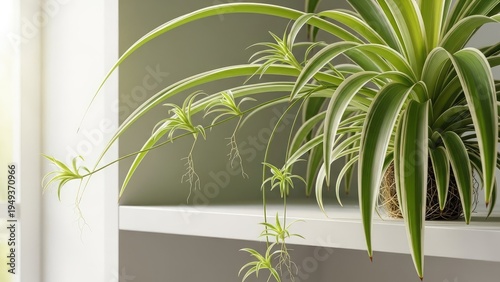 A spider plant with long, cascading stems and small plantlets sits on a white shelf