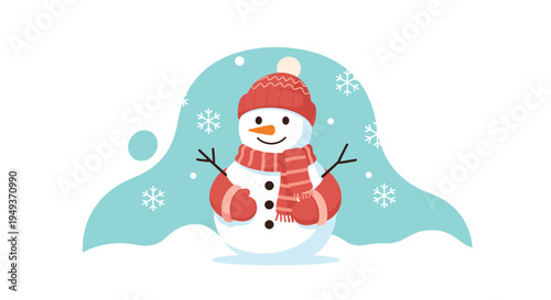 Friendly snowman wearing a red hat, scarf, and mittens stands in a snowy landscape with white snowflakes falling on a blue background.