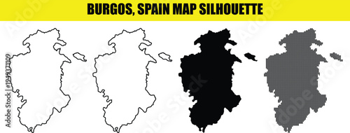 Burgos spain map silhouette vector graphics including main province and enclave outlines in four artistic styles
