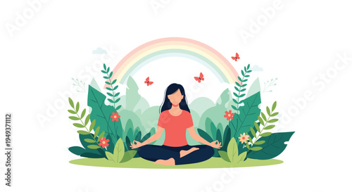 Woman practices mindfulness meditation in a lush green park setting under a vibrant rainbow with butterflies and flowers.