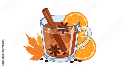 Warm mug of mulled cider or tea with cinnamon sticks, star anise, orange slices, and autumn leaves on a white background.