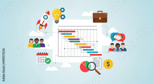 Project management Gantt chart with business icons and team members.