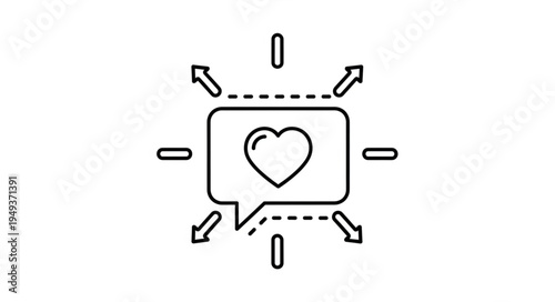 Social media heart icon spreading outwards with arrows.