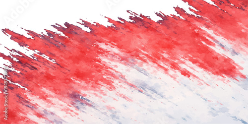 An artistic red and white watercolor paint splash design featuring a grungy blood splatter texture with ink spots and brush stains on a dirty red backdrop illustration
