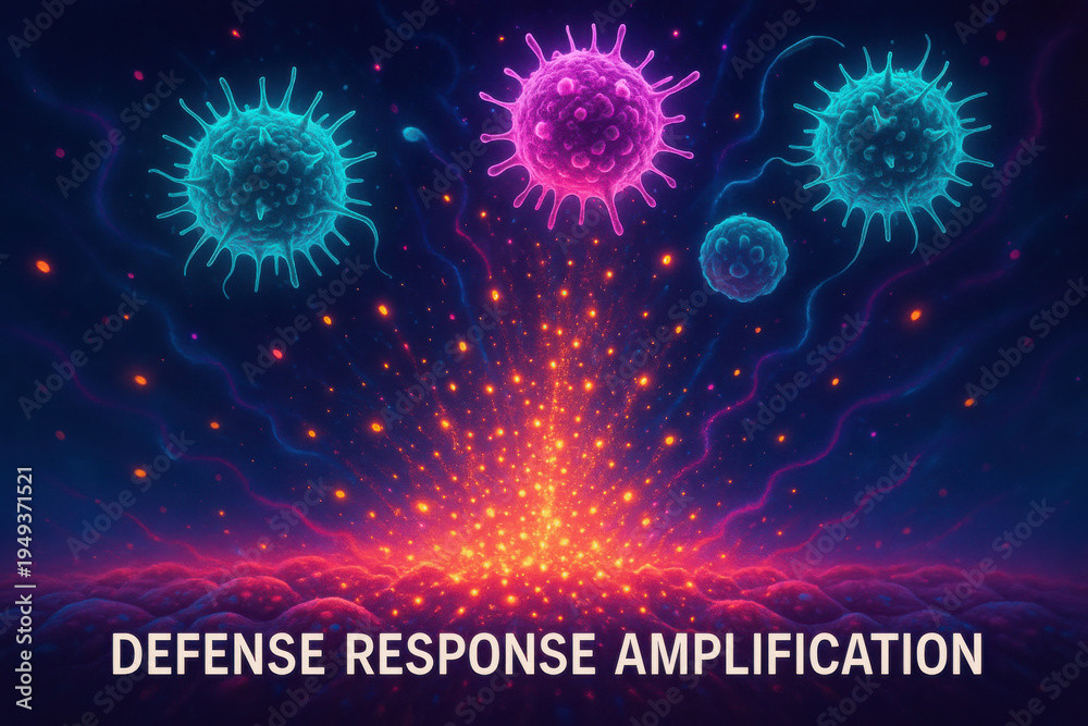 Obraz premium Intense defense response amplification of immune system. This abstract illustration shows virus cell under attack, powerful and dynamic concept for biology