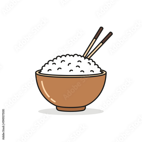 Bowl of white rice with chopsticks. Vector art representing healthy Asian cuisine and simple, comforting meals, ideal for food or cultural designs