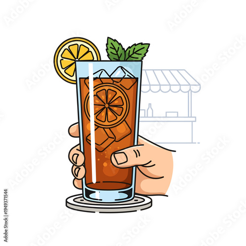 A refreshing hand-held glass of iced tea, garnished with vibrant lemon slices and fresh mint leaves, perfect for a cool summer drink at an outdoor market stall
