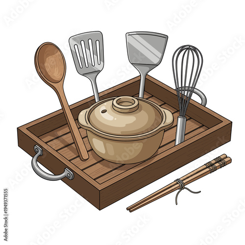 A collection of essential cooking tools and a traditional ceramic pot neatly arranged on a rustic wooden tray, ready for delicious culinary creations in a homely kitchen setting