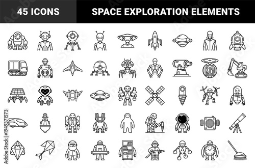 Robotics and futuristic technology exploration pictograms featuring space travel, automation, and science fiction characters in technical monoline art.