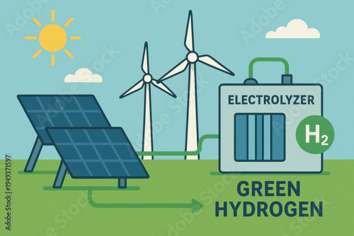 Optimistic green hydrogen energy production concept using renewable power from solar panel and wind turbine. An electrolyzer creates clean fuel for sustainable future