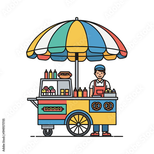 Cheerful street food vendor operating a colorful mobile hot dog stand under a striped umbrella, offering popular snacks like hot dogs and pretzels