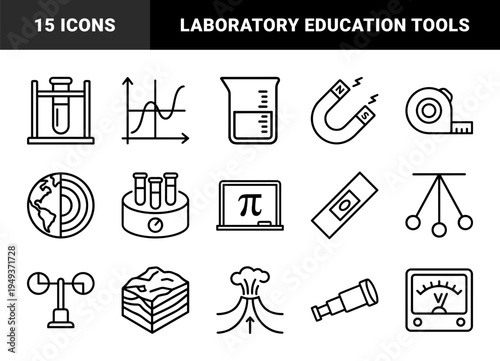 Scientific research and laboratory experimentation elements for educational materials. Technical monoline pictograms featuring physics, geology, and chemistry concepts.