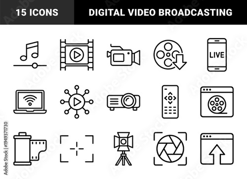 Multimedia production and digital broadcasting elements for video editing interfaces. Technical monoline pictograms featuring cinema, streaming, and photography gear.