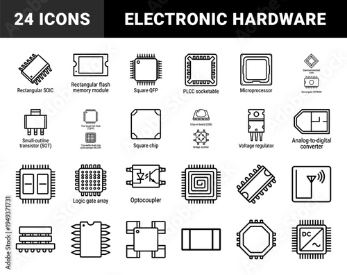 Semiconductor components and integrated circuit hardware for electronic engineering. Technical monoline diagrams featuring microprocessors and power regulators.
