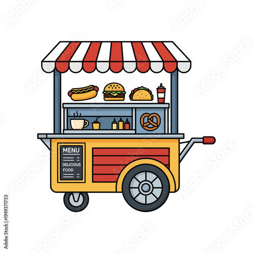Colorful illustration of a vibrant food cart offering a variety of delicious street snacks like hot dogs, burgers, and pretzels, perfect for a cheerful outdoor dining concept
