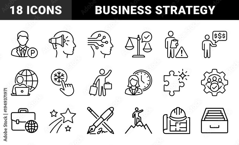 Fototapeta premium Business management and corporate workflow strategy symbols. Professional monoline pictograms featuring leadership, global logistics, and technical planning concepts.