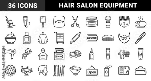 Barber shop and male grooming equipment for hair styling services. Technical monoline pictograms featuring salon tools and facial hair care.