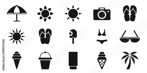 Black silhouette icons representing summer vacation and beach essentials